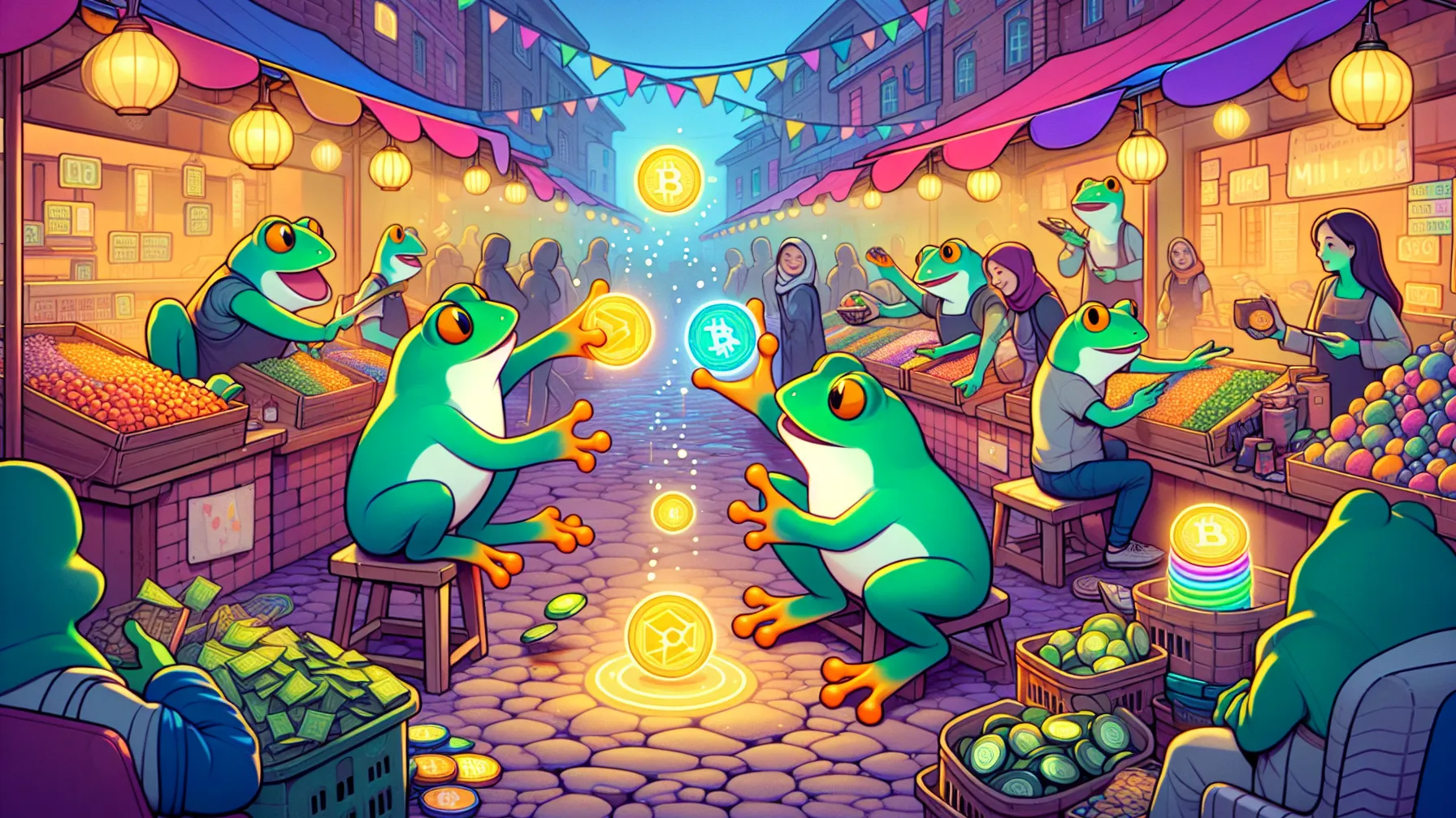 Cartoon frogs exchanging NFTs in a marketplace